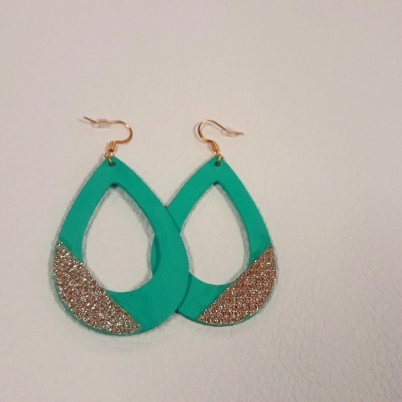 Mint Green/Teardrop/Hoop Earrings/ Shimmer Detail/ Handcrafted by J.Monique - Picture 3 of 9